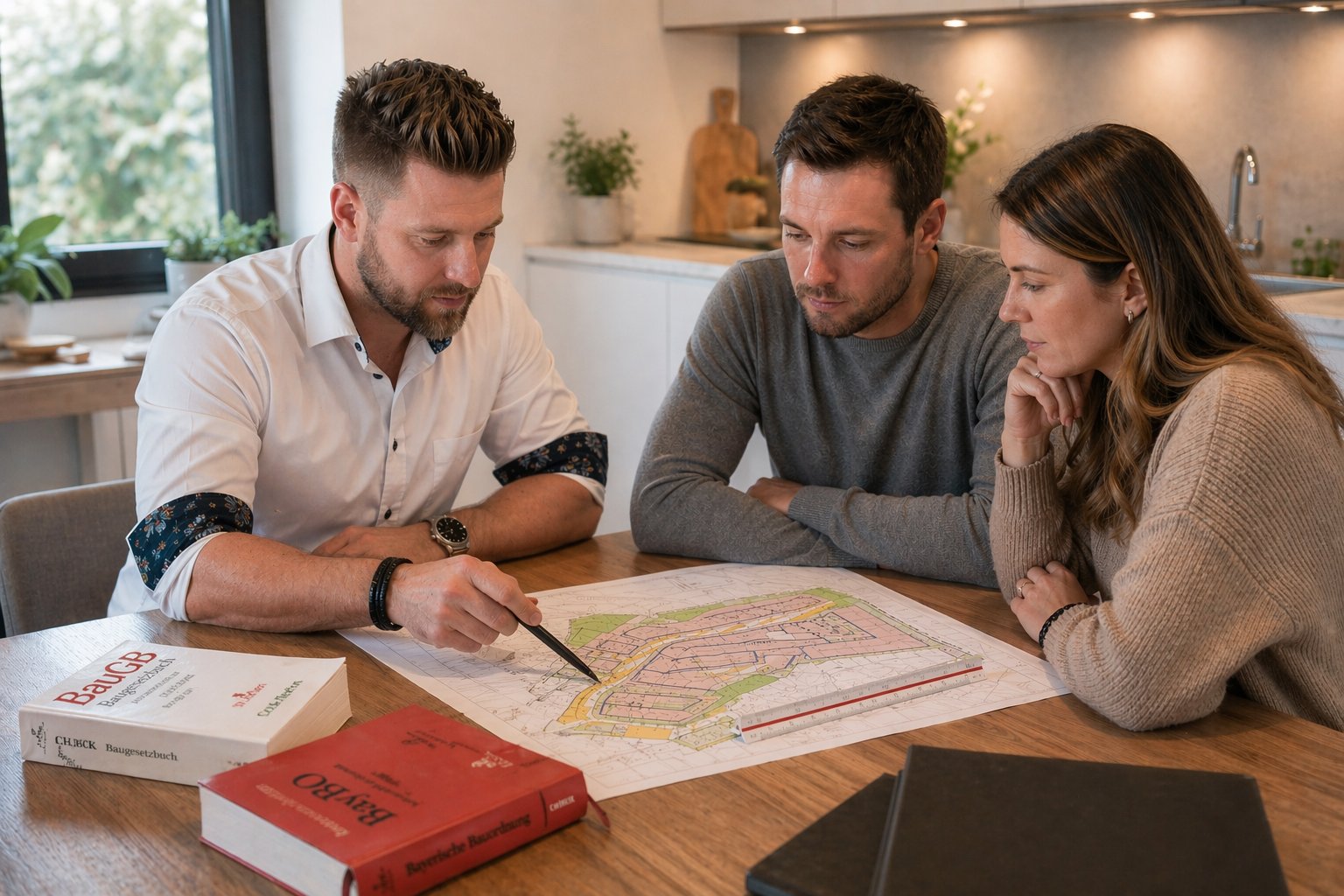 Johannes Kaserer in Beratungssituation mit Bauherren — BauGB und Bayerische Bauordnung sichtbar